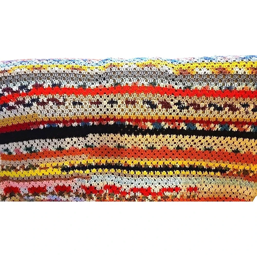 Vtg Crochet Blanket Throw Handmade Granny Stripe Multicolor Boho 56x47 Afghan